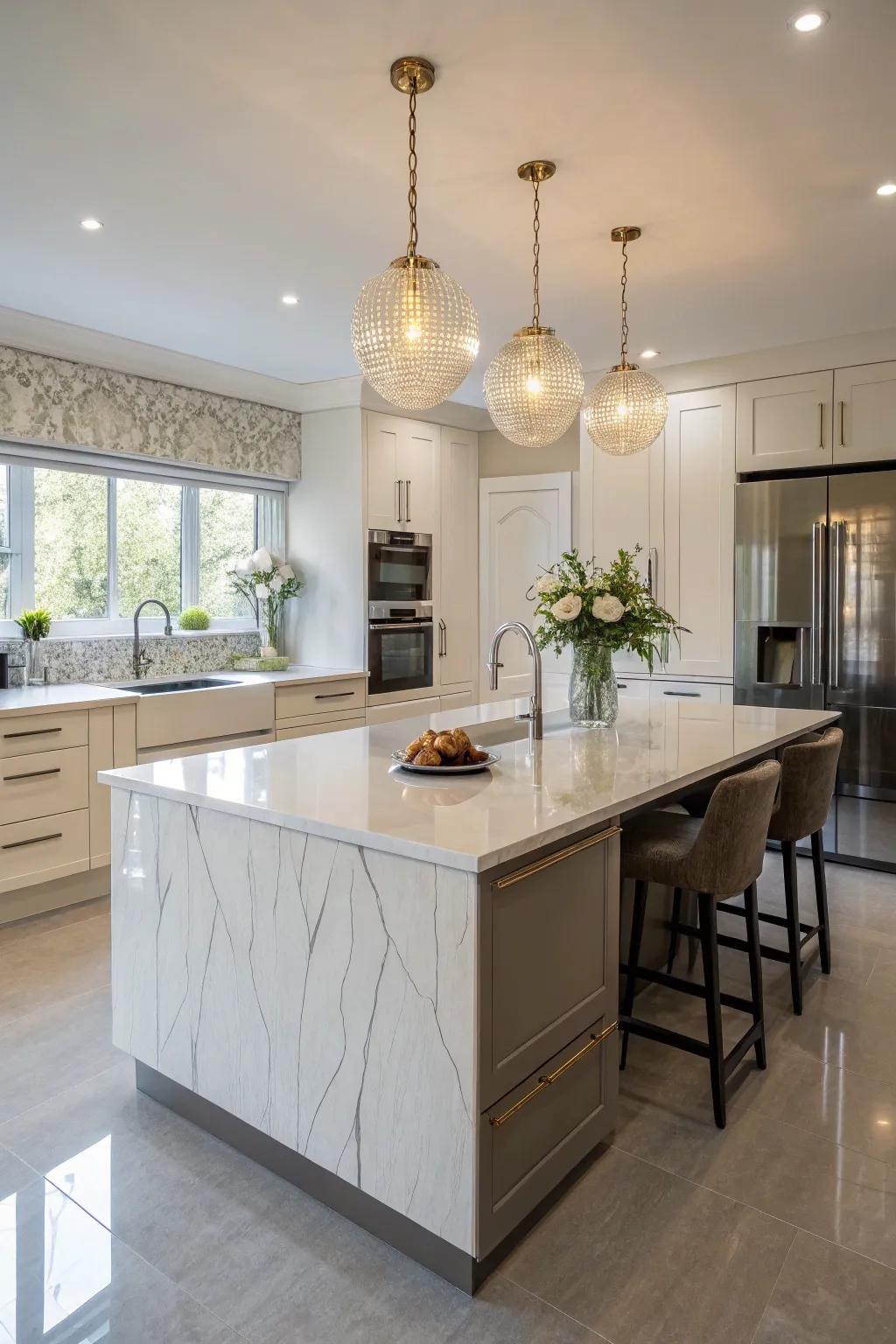 A prominent quartz island functioning as the cooking area's centerpiece.