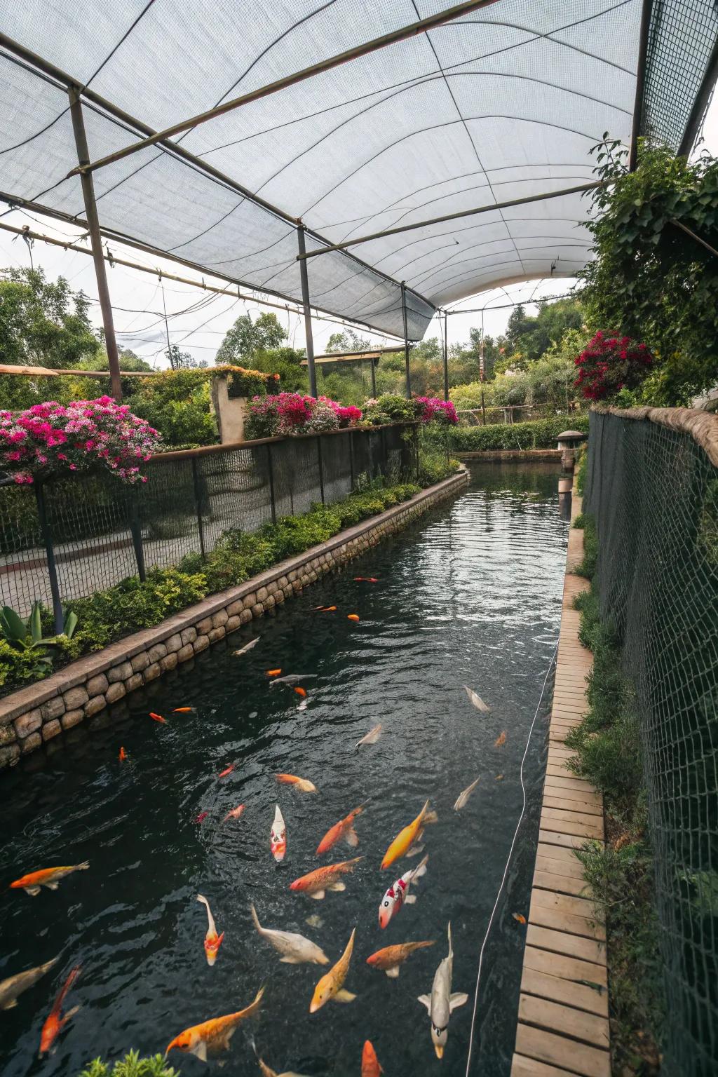 A koi pond featuring fencing and overhead canopies for shading.