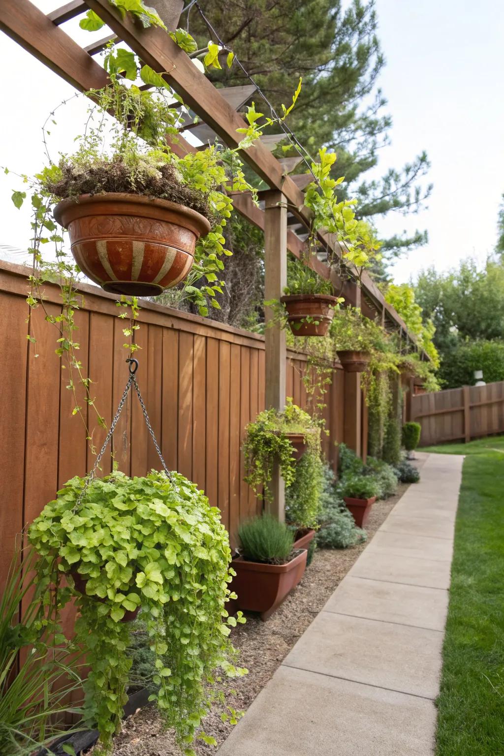 Create a whimsical garden with hanging pots and trailing plants.