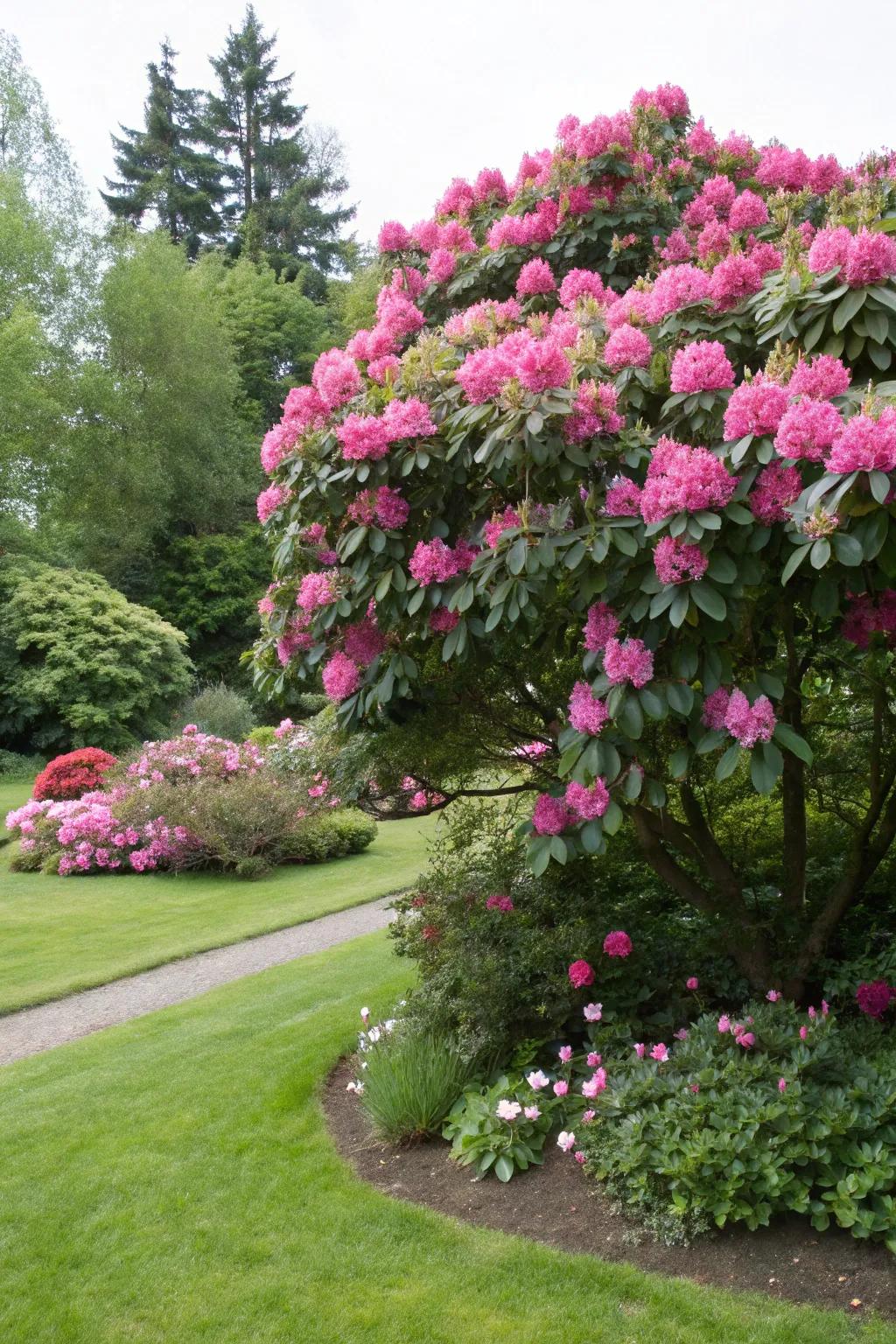 A majestic rhododendron serving as a garden focal point.