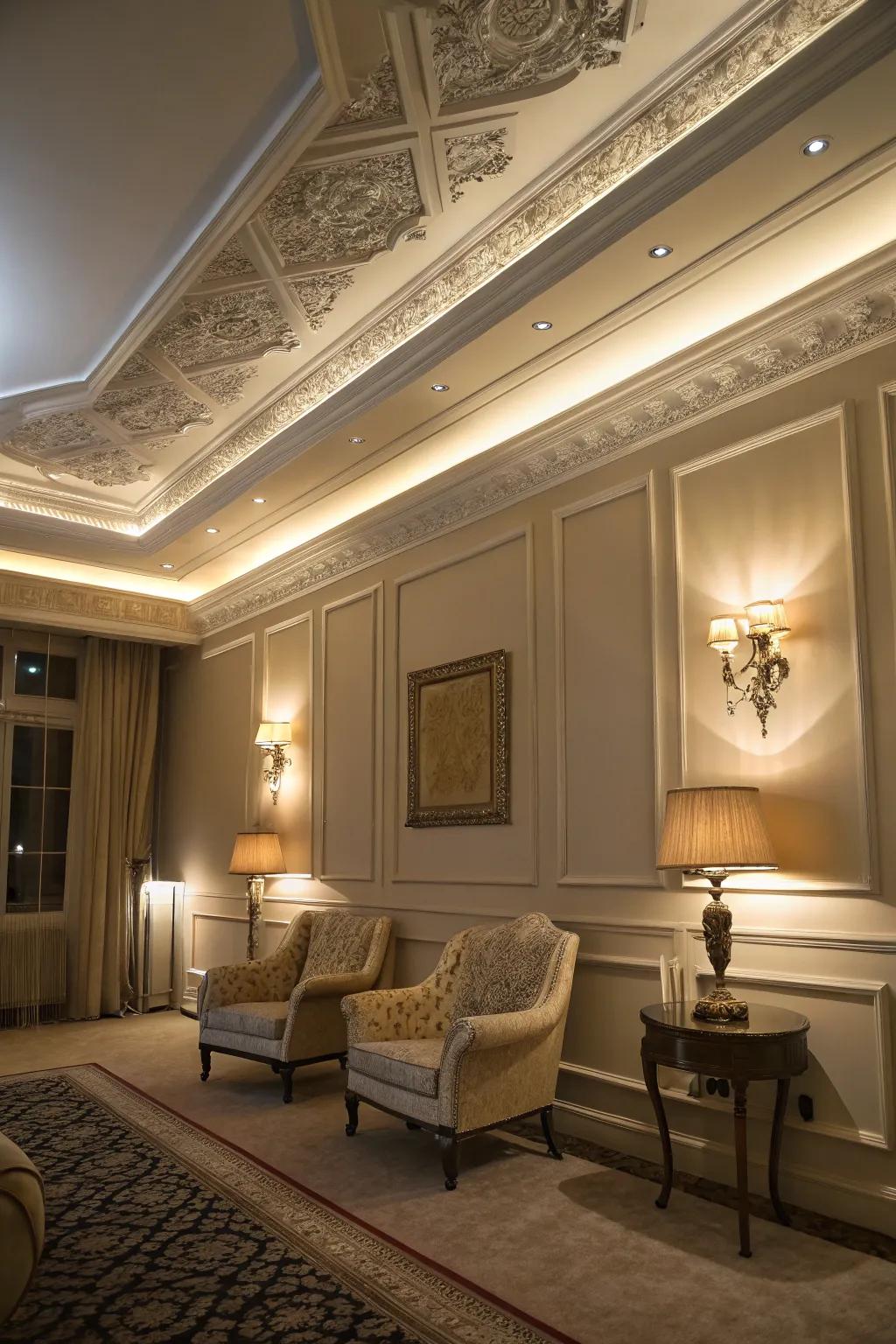 A room featuring illuminated large crown molding, enhancing the ambiance with subtle lighting.