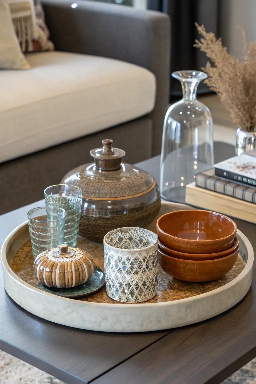 A chic combination of textures and materials on a lazy Susan.