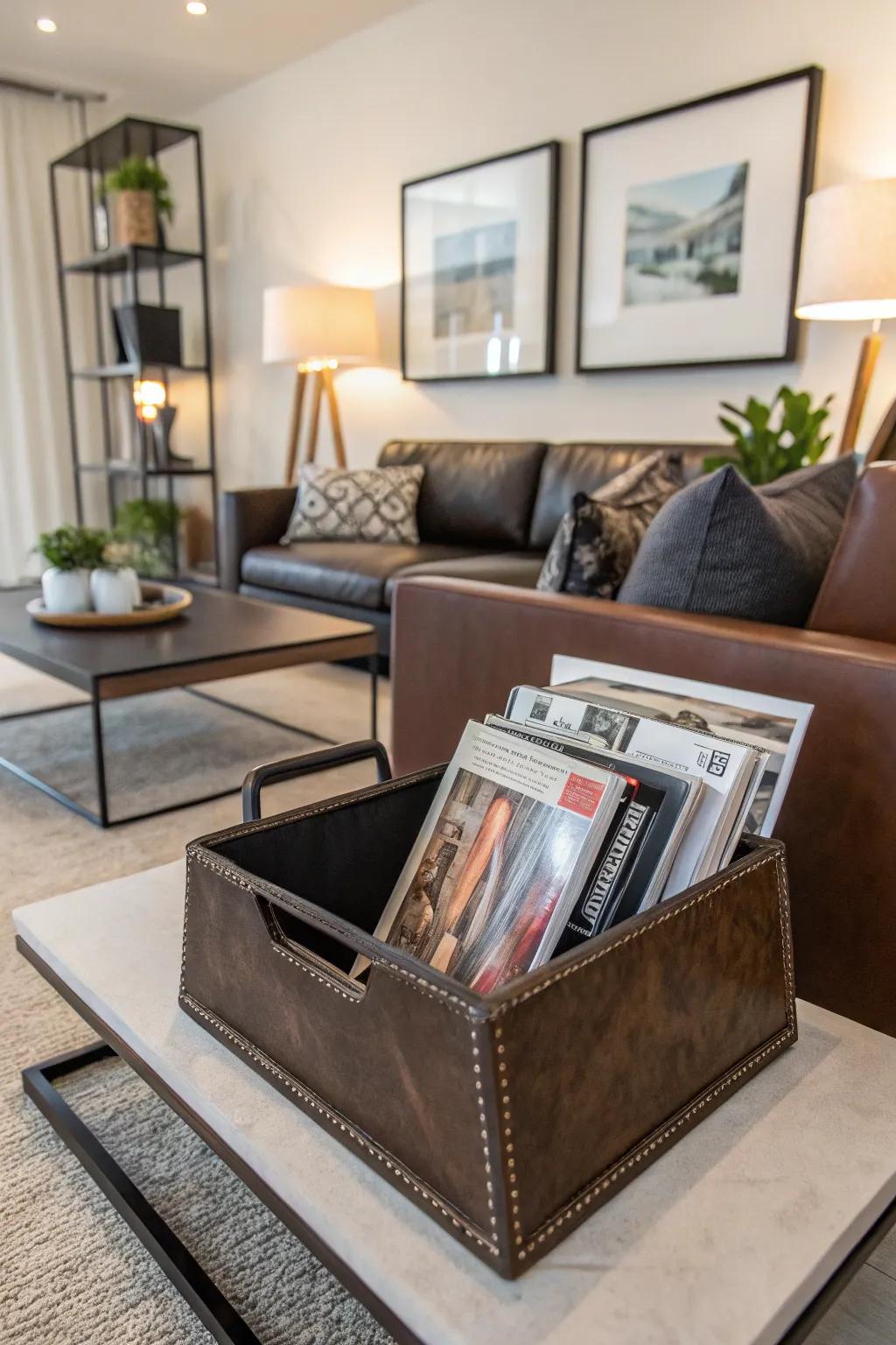 Leather holders keep magazines organized and stylish.