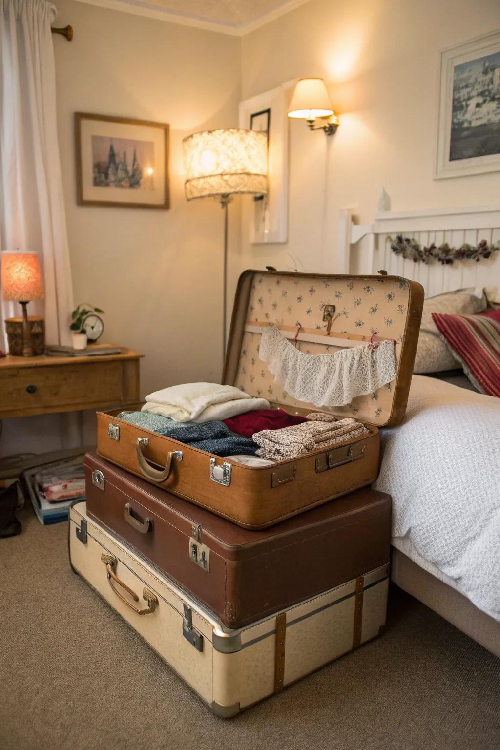 Vintage suitcases combine nostalgia with practical lingerie storage.