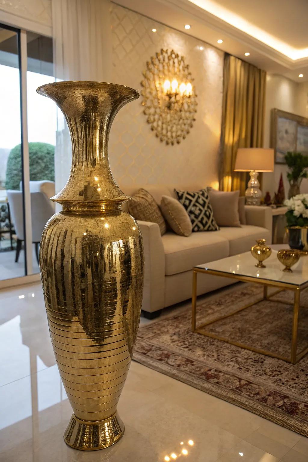 A metallic gold vase adds a touch of glamour to an elegant living room.