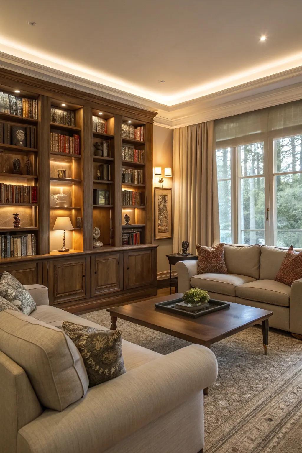 A symmetrical living room design with built-in bookcases.