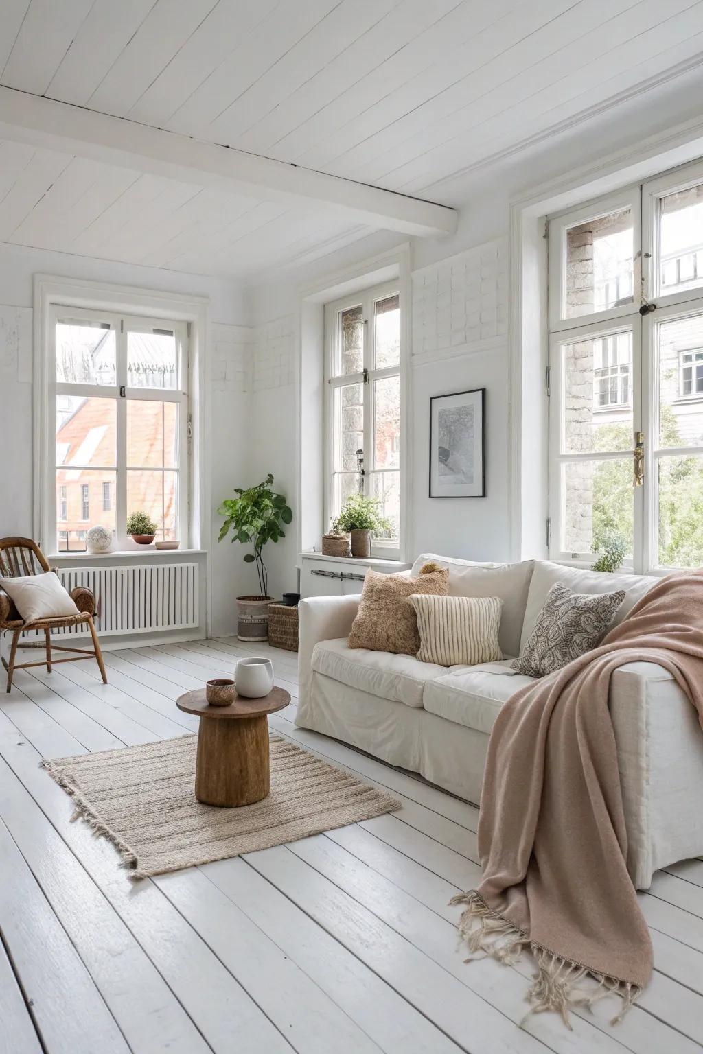 Scandinavian design's simplicity and function shine on white wood floors.