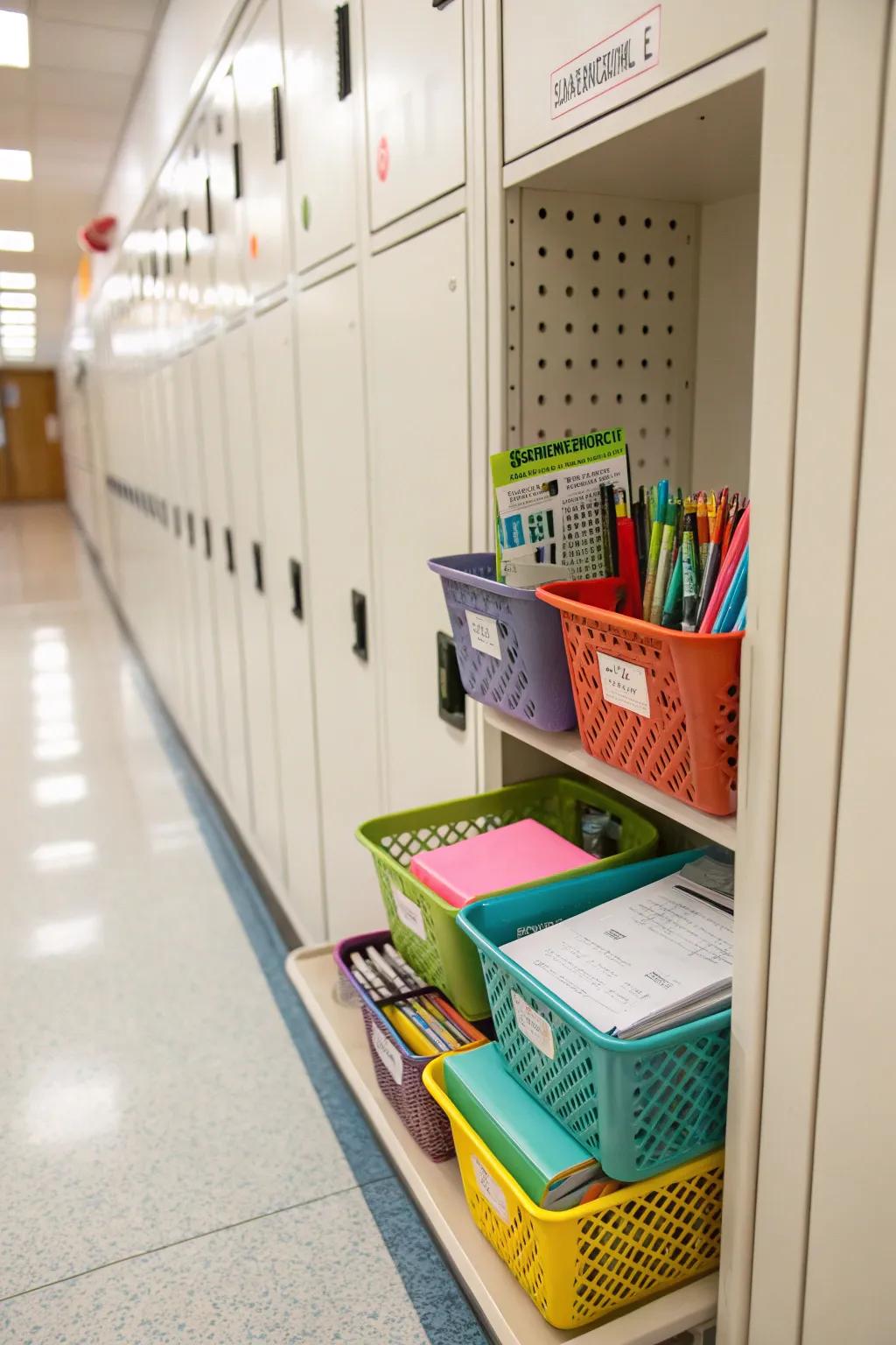 A locker with utilitarian storage bins for organized and efficient space management.