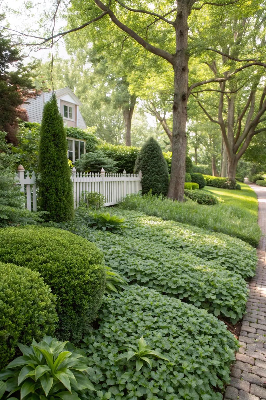 Ground cover plants creating a lush, low-care surface.