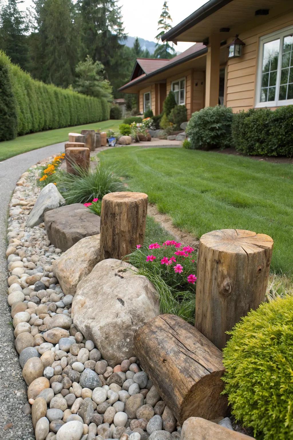 Natural wood elements paired with rocks for rustic charm.