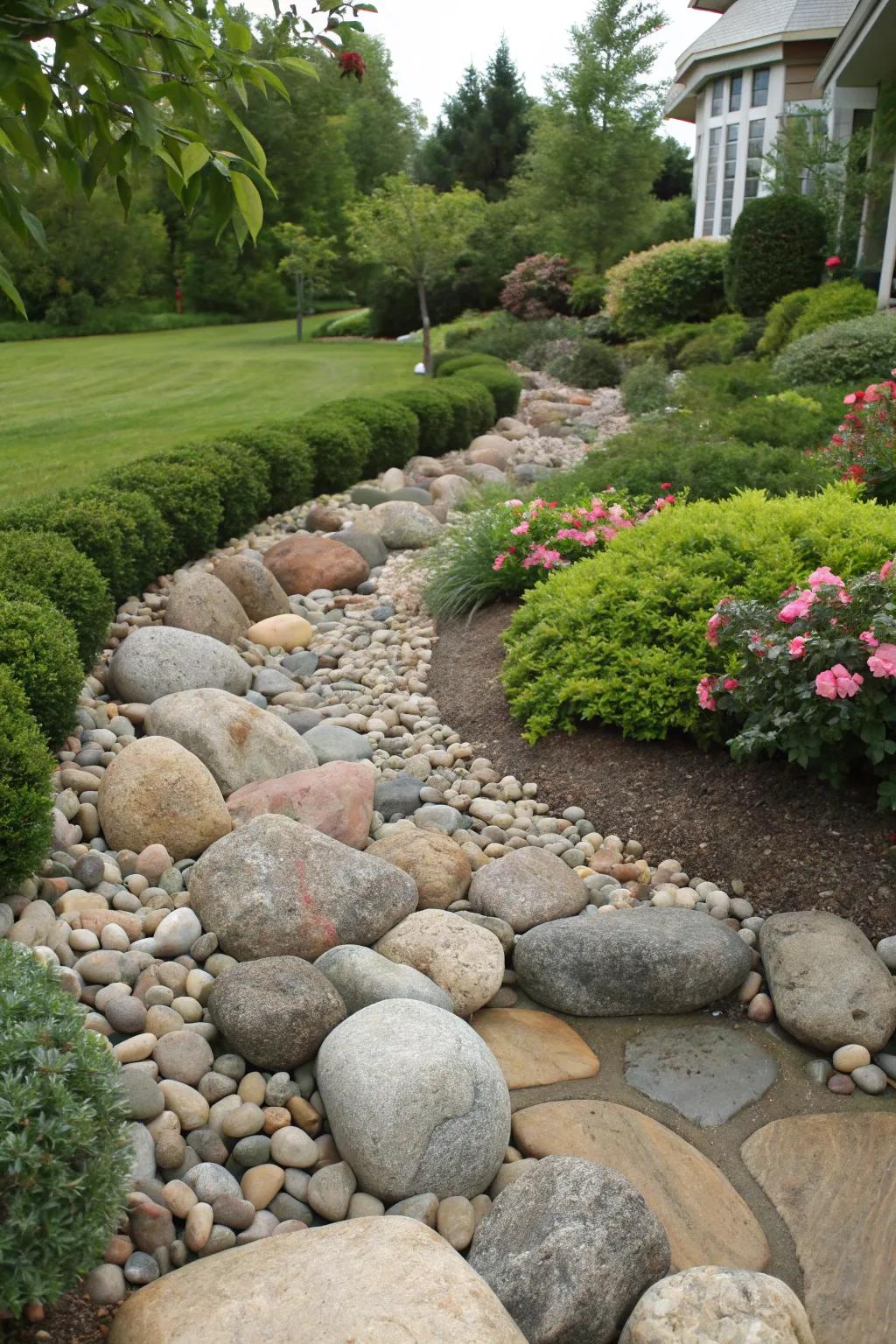 Achieve a textured landscape with a variety of river rock sizes.