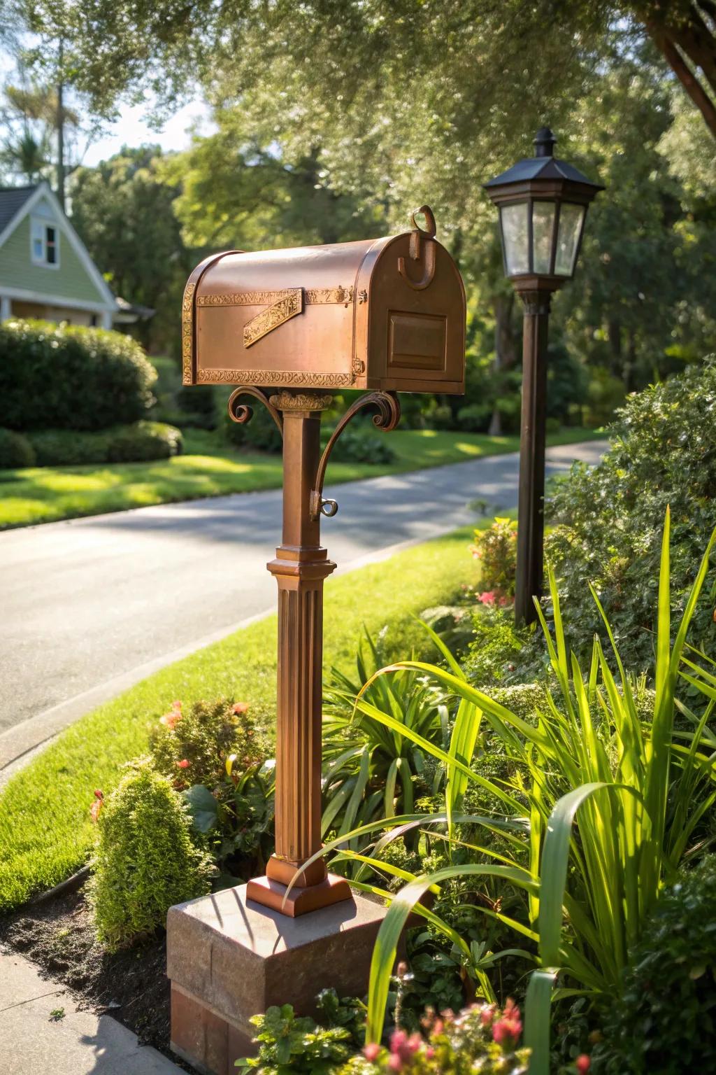Copper mailbox supports deliver a warm and elegant aesthetic.