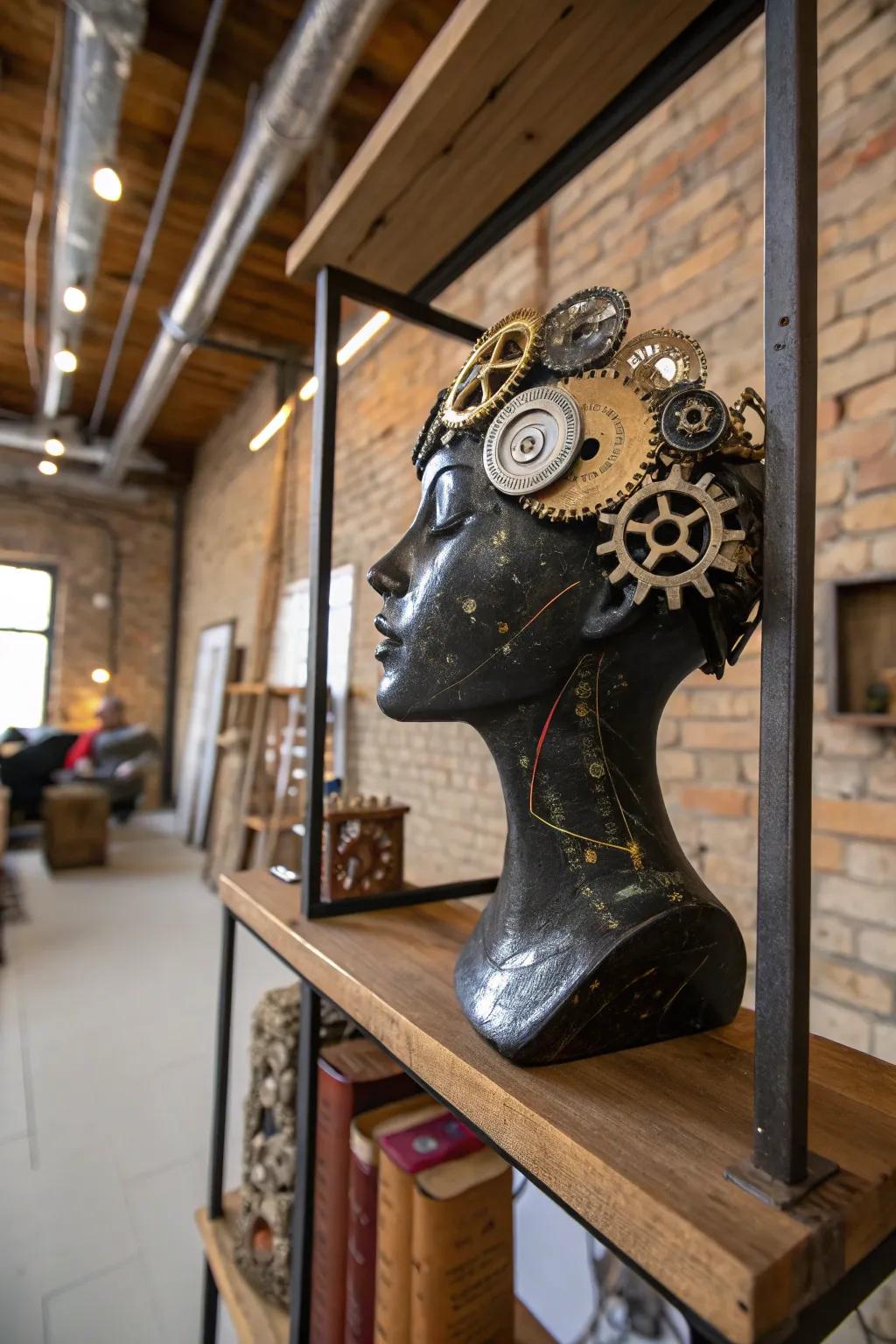 Steampunk elements bring industrial charm to decor.