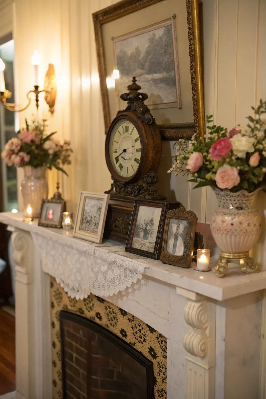 A vintage mantel with an antique clock and nostalgic accents.