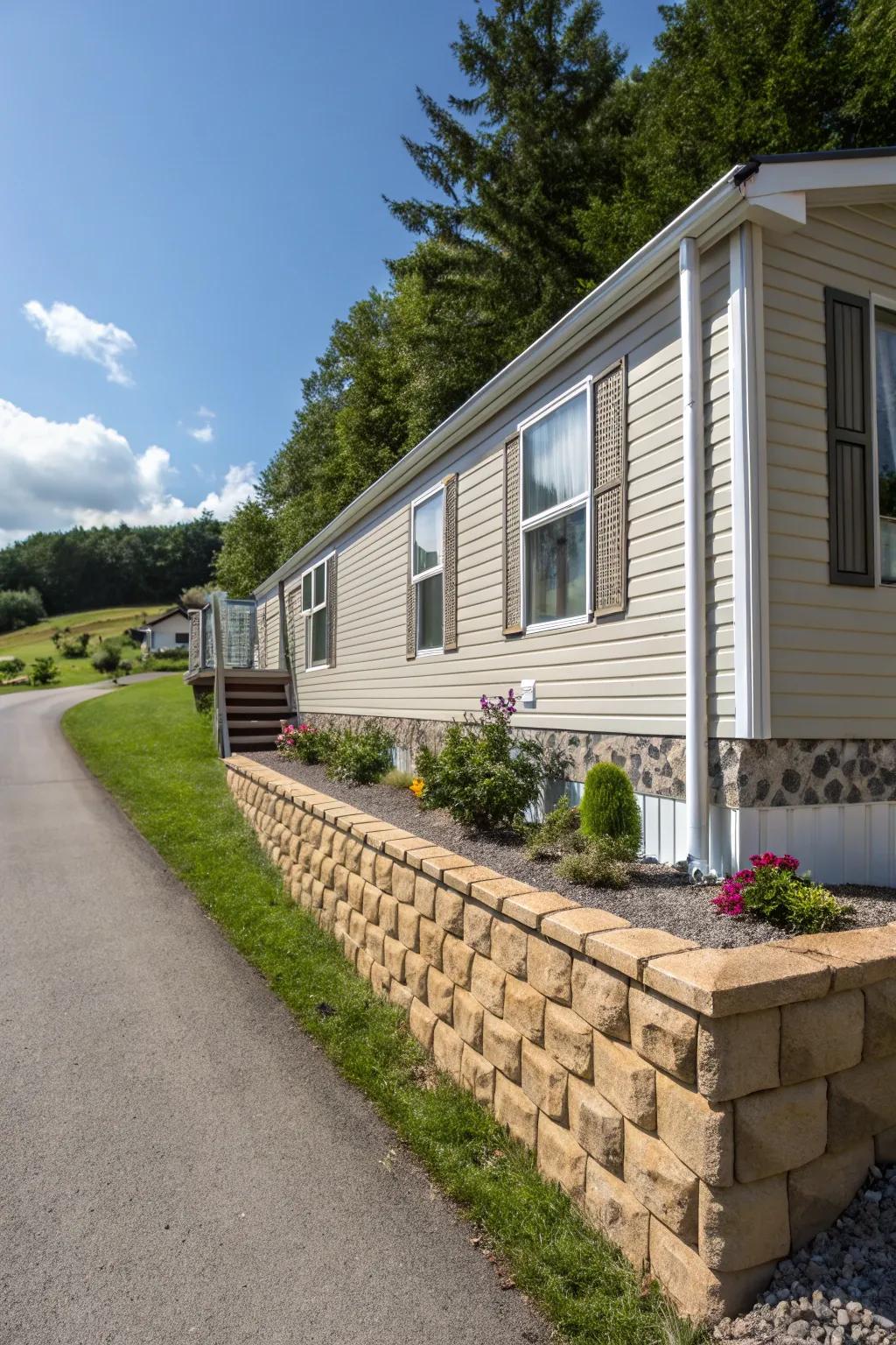 Stone-look skirting adding a refined touch to a mobile home.