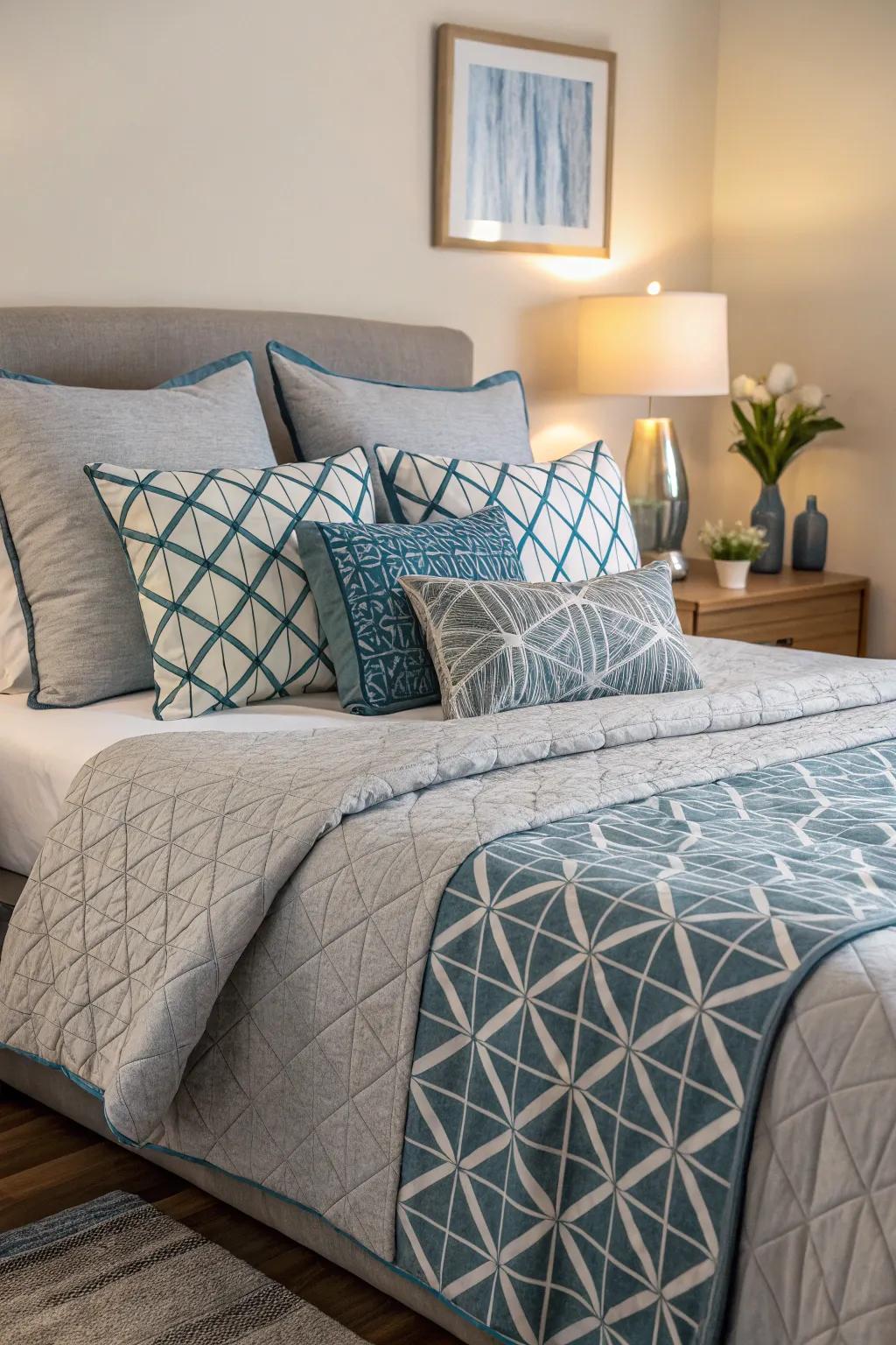 Geometric patterns in grey and blue add modern flair to your bedroom.