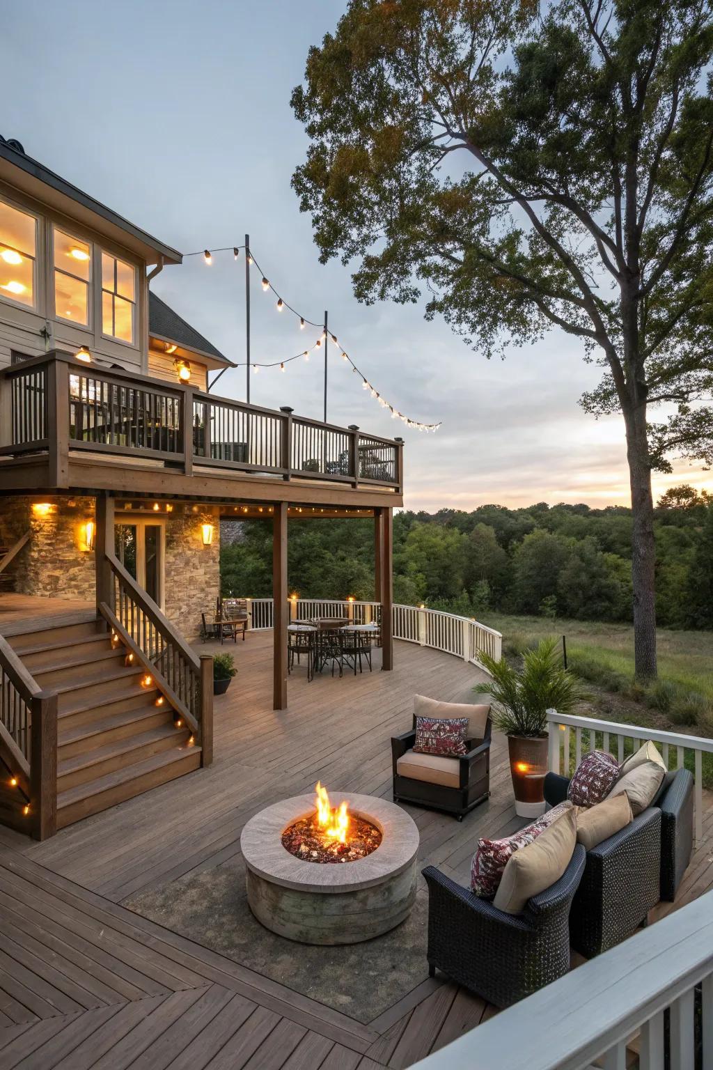 A cozy deck centered around a welcoming fire pit.