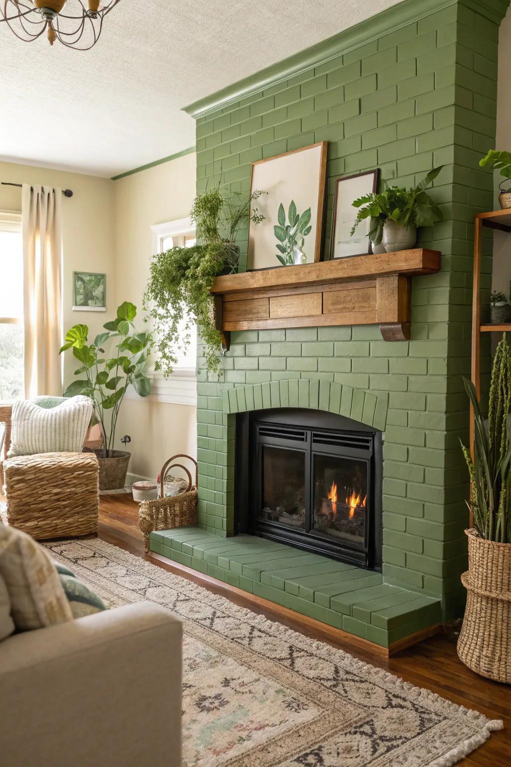 Green painted brick fireplace brings nature indoors.