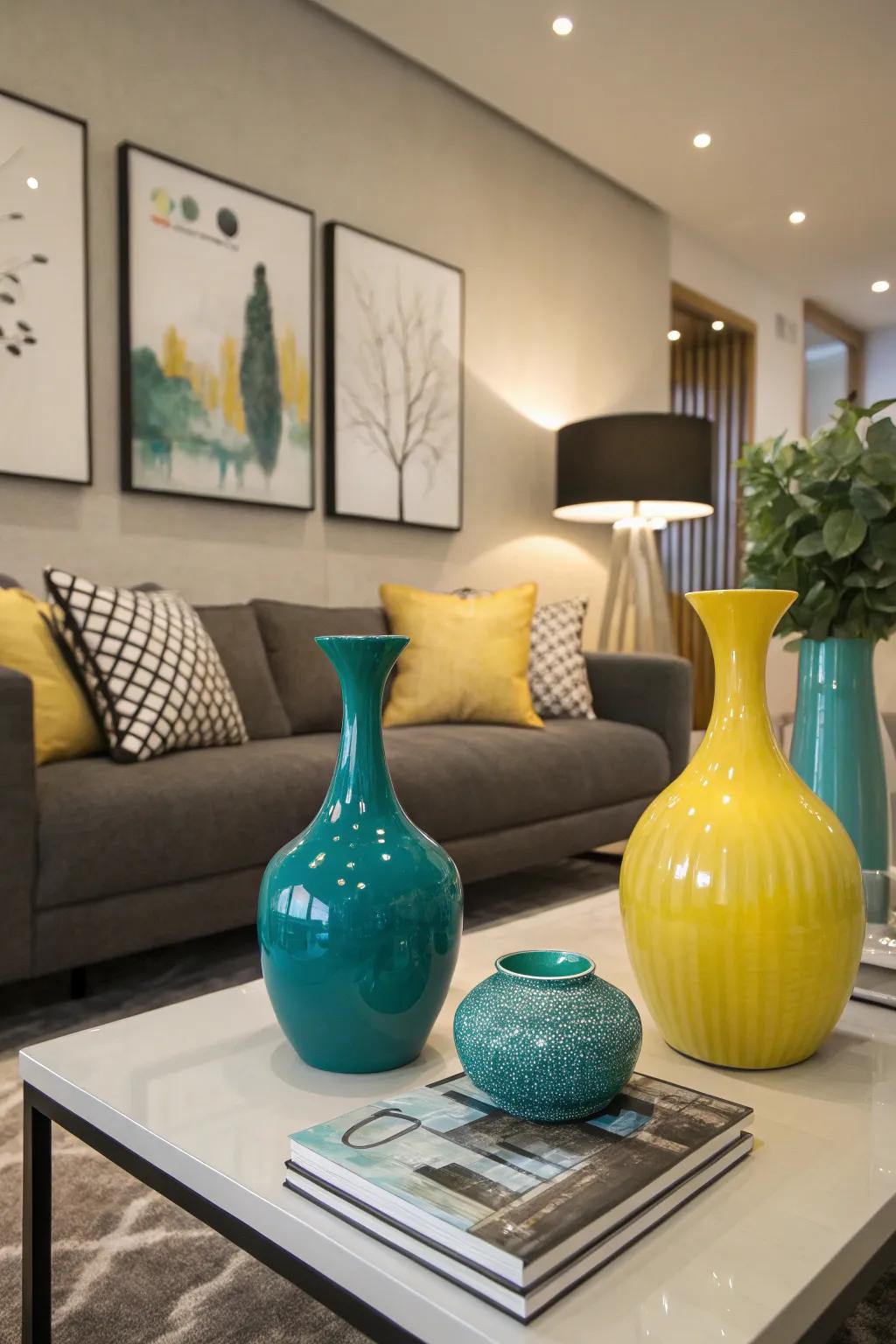 Vases in teal and yellow offer easy color accents.