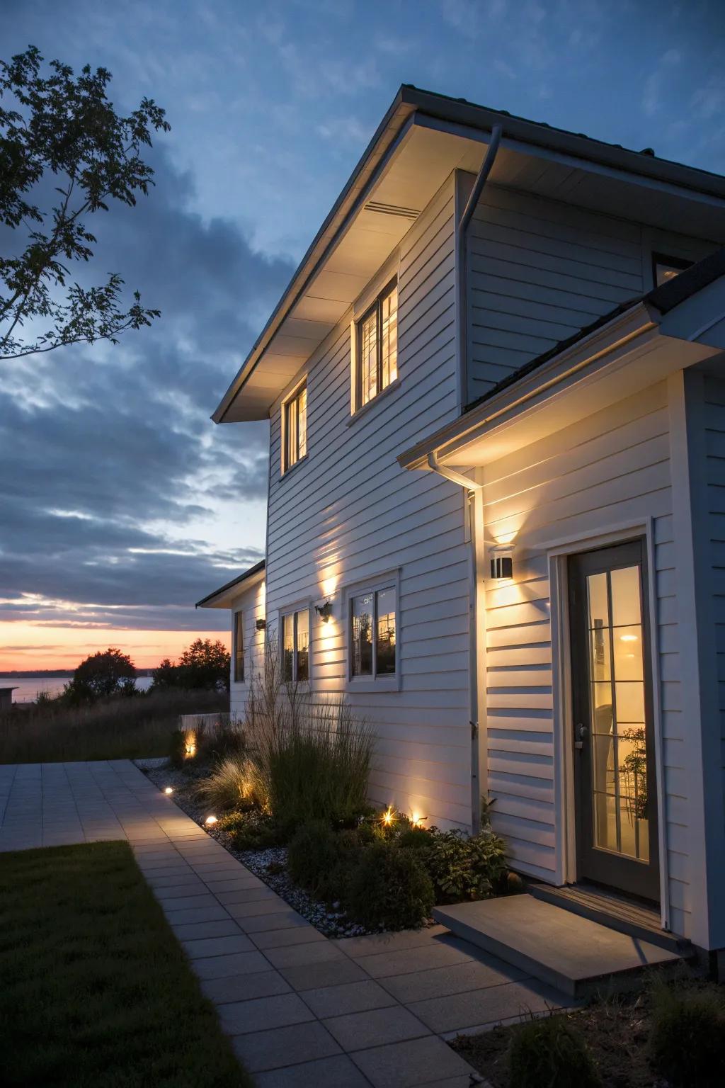 A white facade exquisitely illuminated by modern lighting.