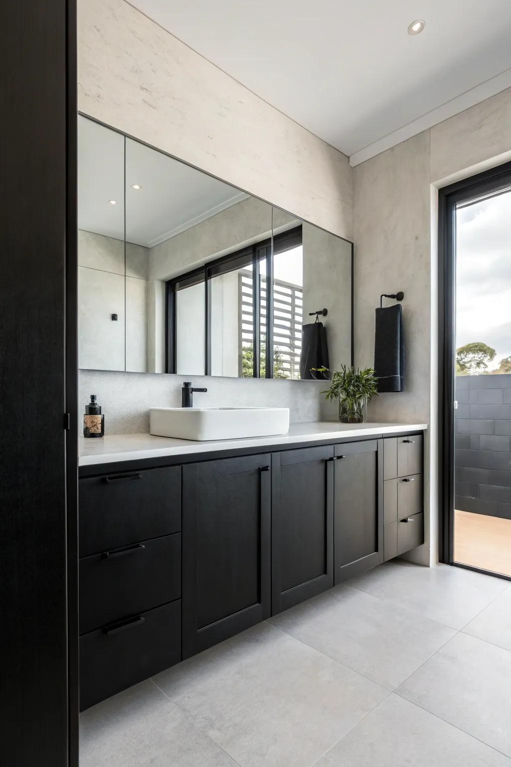 Minimalism creates a sleek and uncluttered moody bathroom.