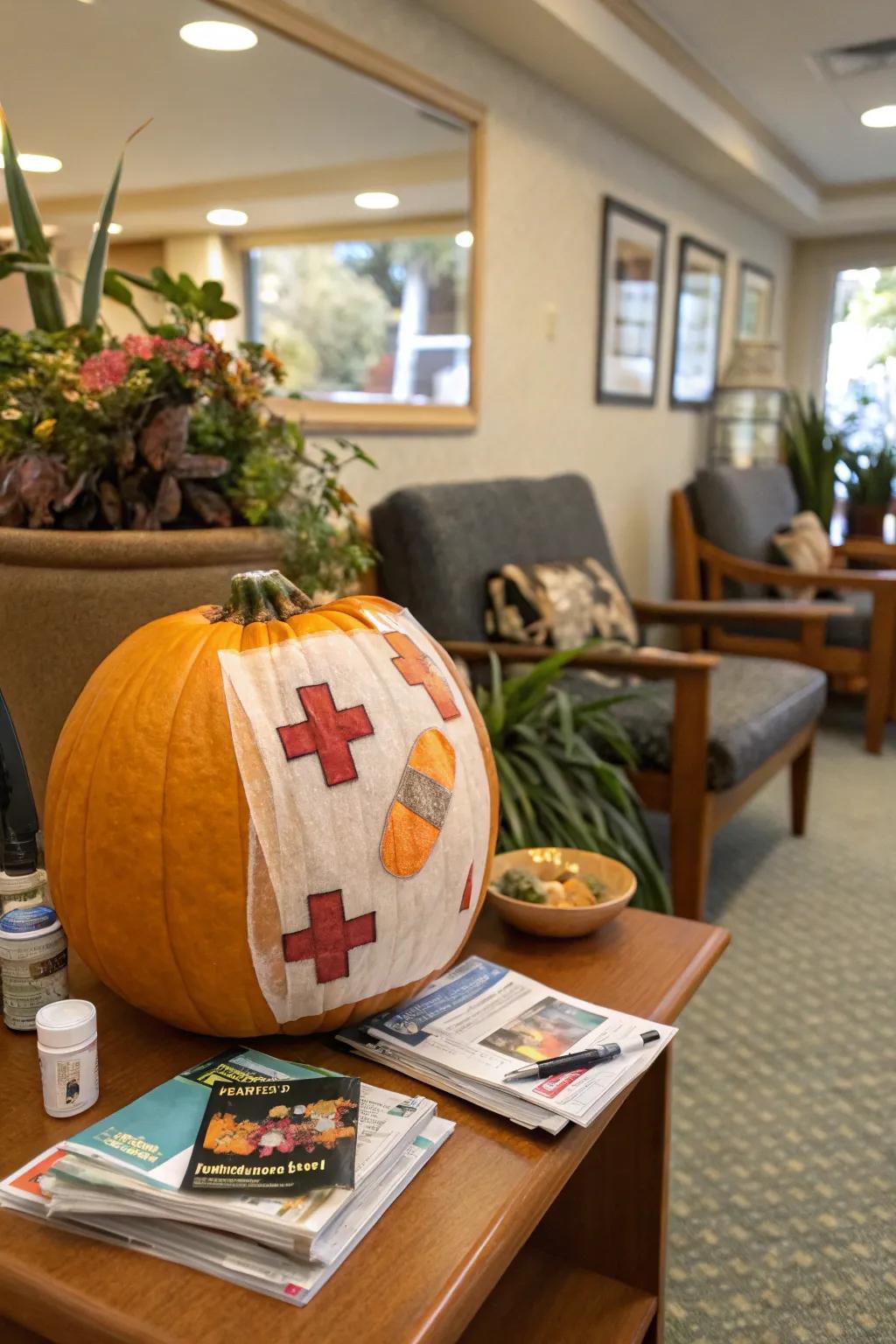 A pumpkin decorated with medical supplies adds a quirky touch.