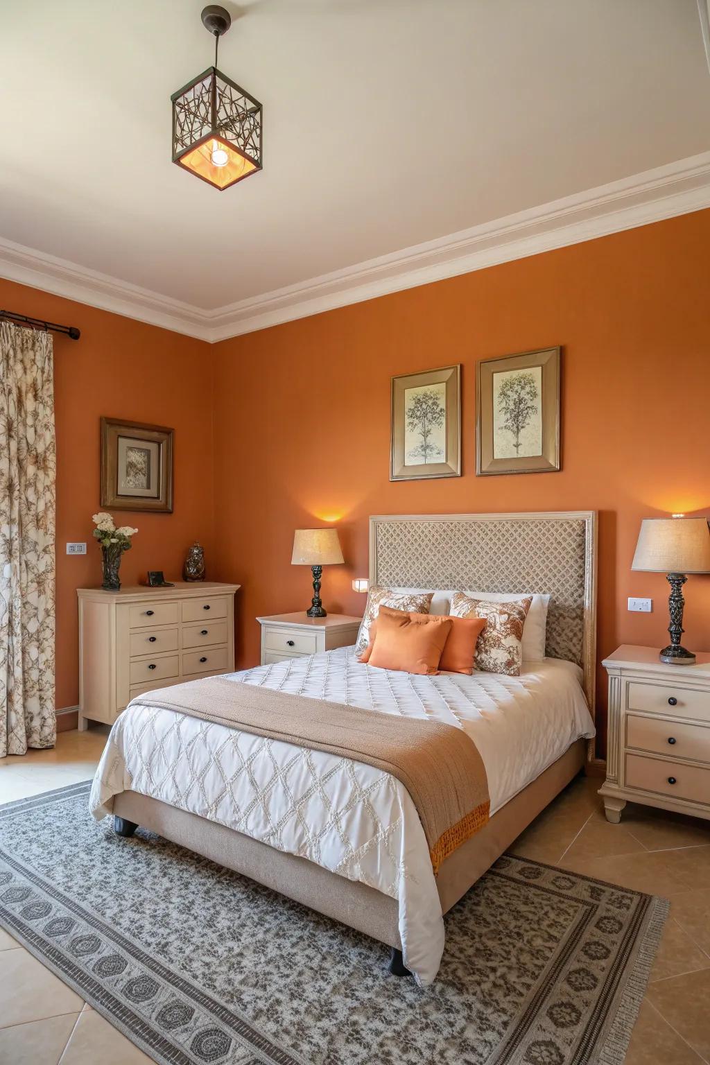 Symmetrical layouts bring balance to rooms with bold wall colors.