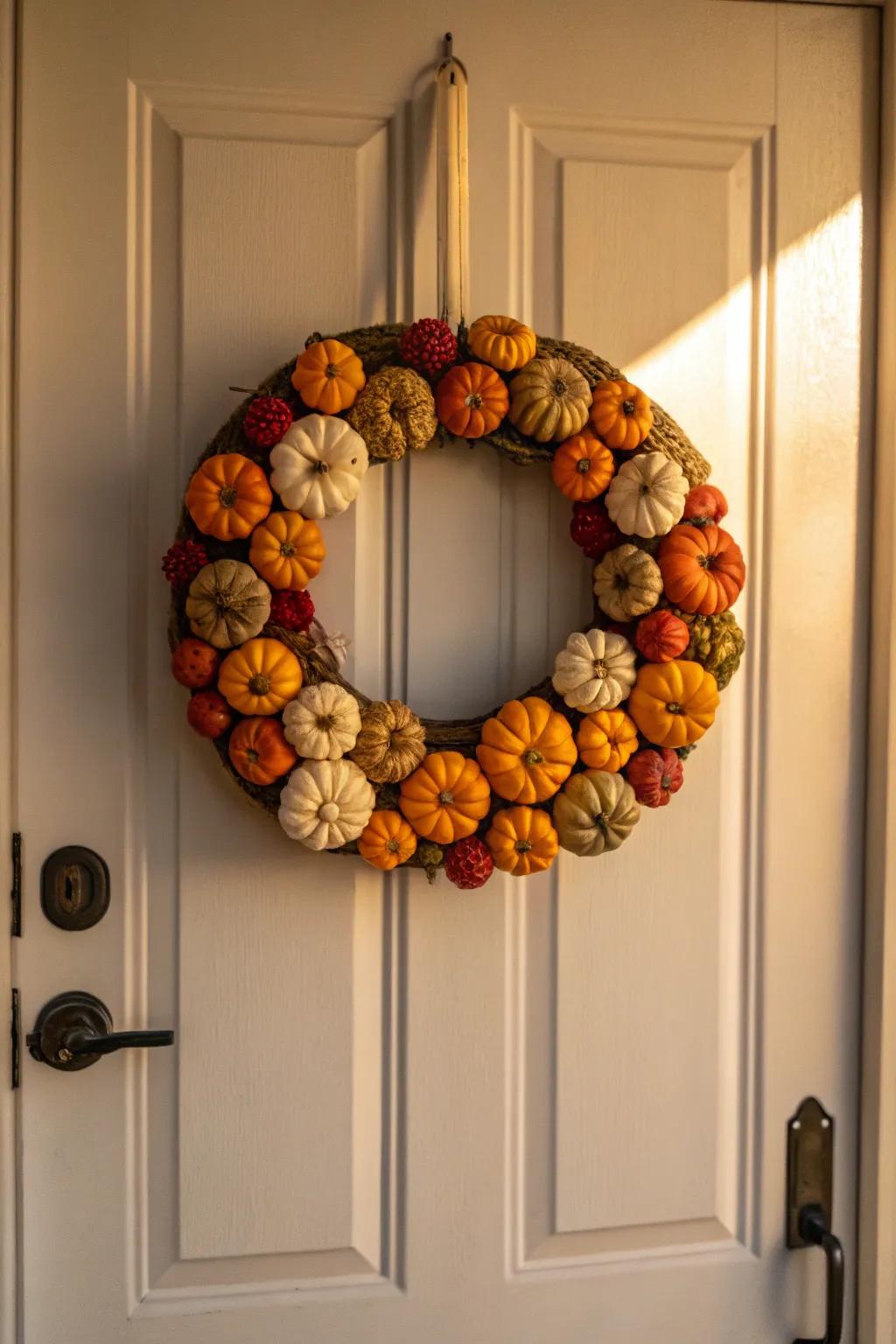 A gourd wreath adds a unique and playful touch to the door.