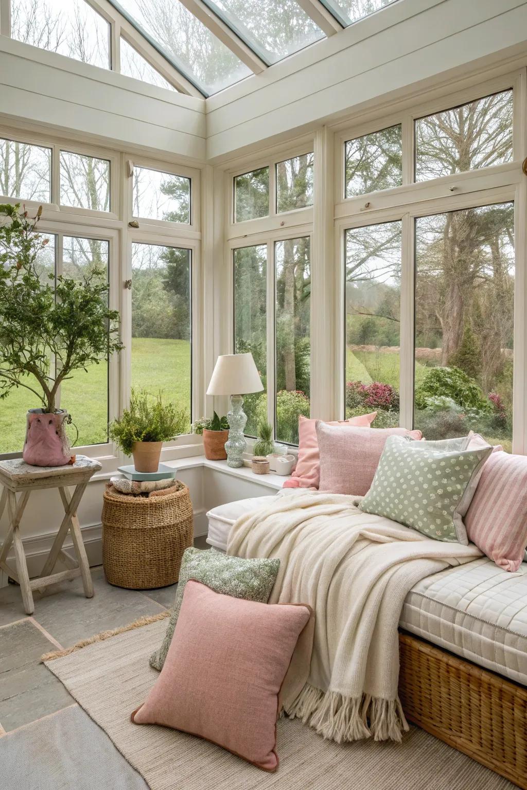 Soft furnishings creating a cozy and inviting garden room.