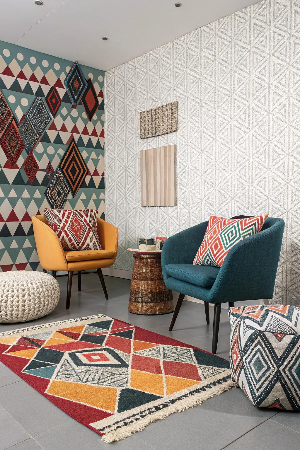 A contemporary interior exhibiting geometric motifs in decor.