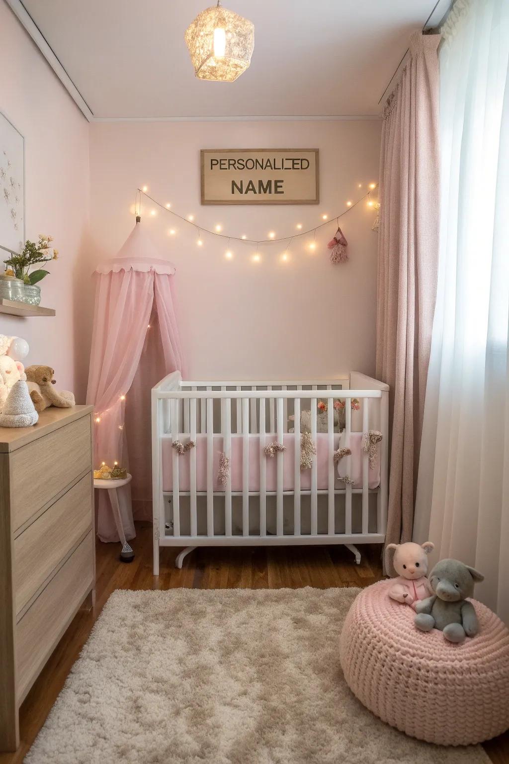 A personalized name sign introduces a distinctive element to the nursery.