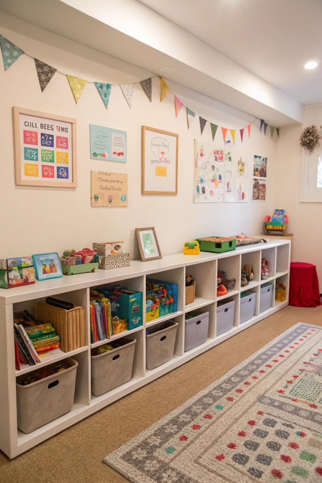 Low storage units in a playroom, designed for easy access by children.