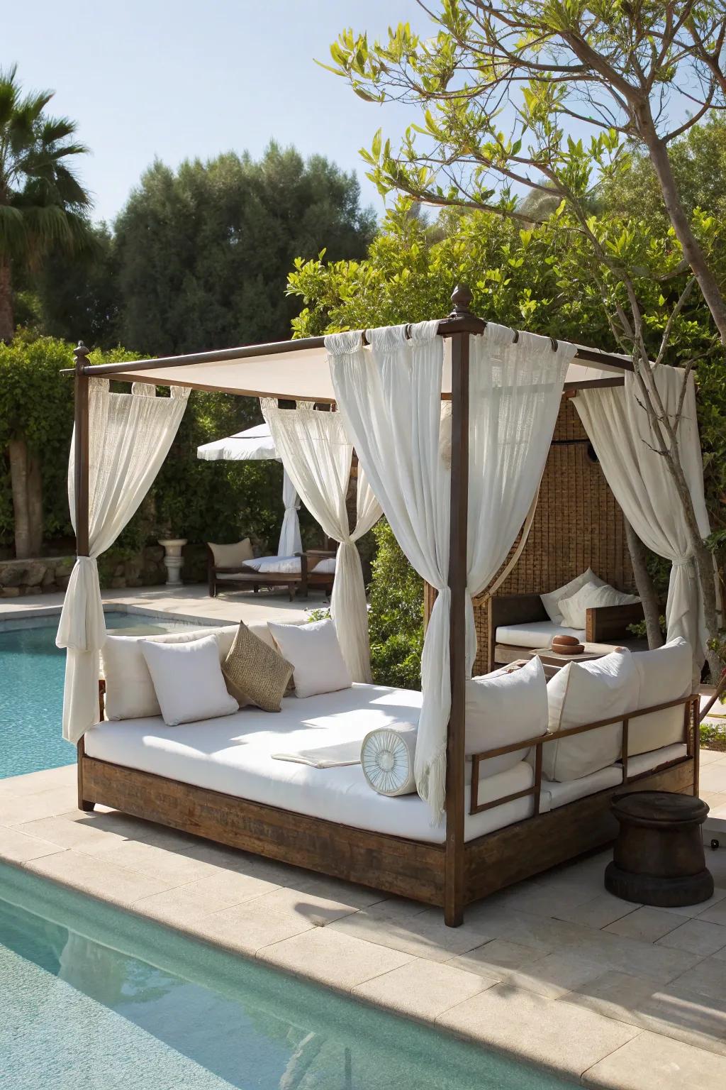 Poolside daybeds provide a luxurious haven for relaxation.