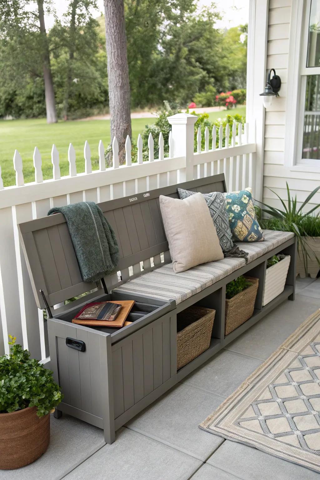 A storage bench keeps the porch tidy and organized.