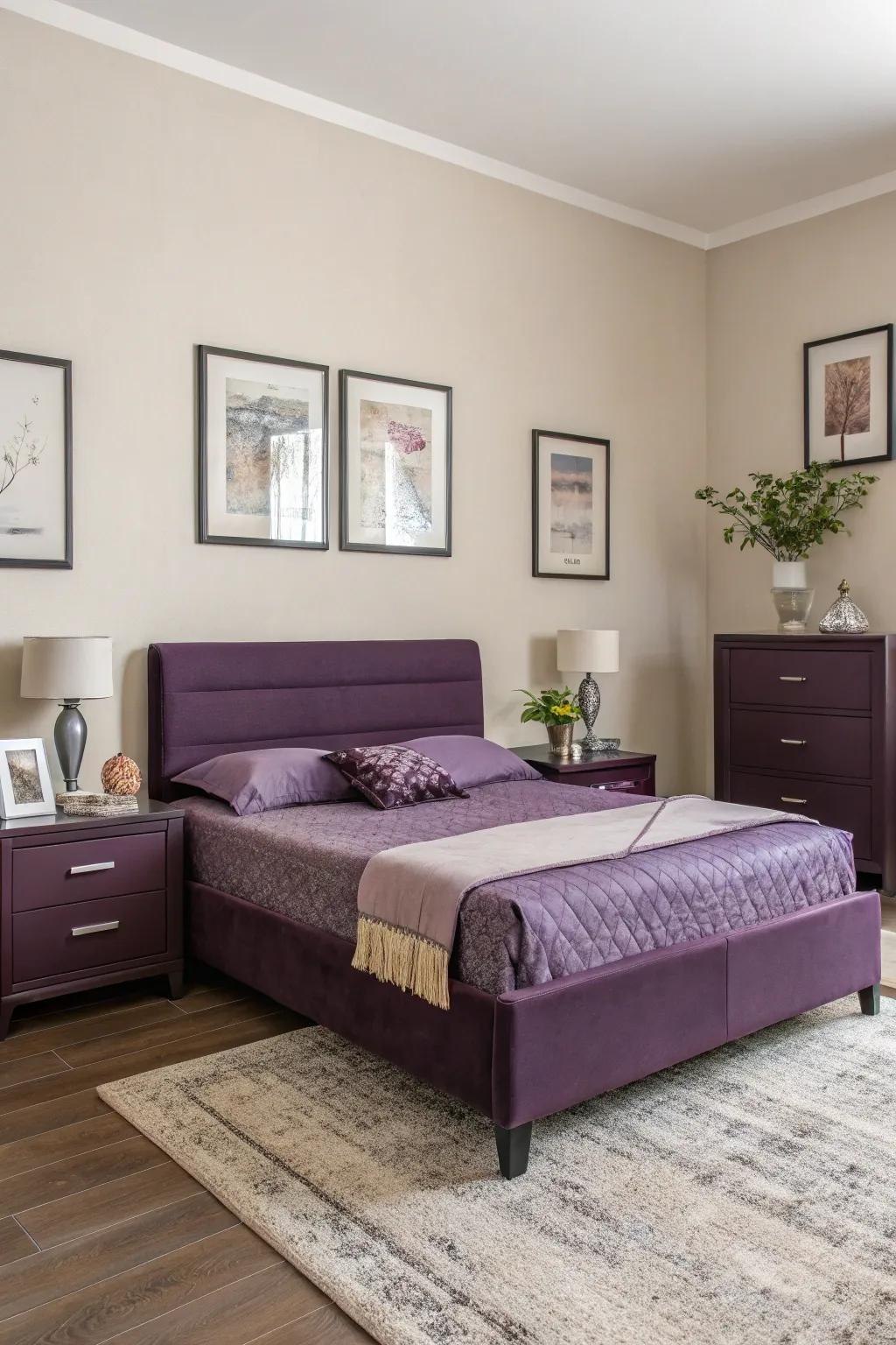 Eggplant furniture adds depth and mystery to the decor.