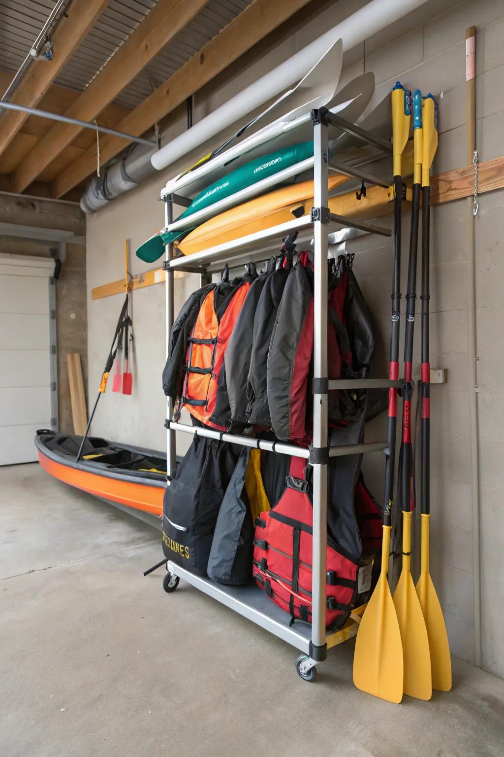 A versatile rack organizes your raft and gear effortlessly.