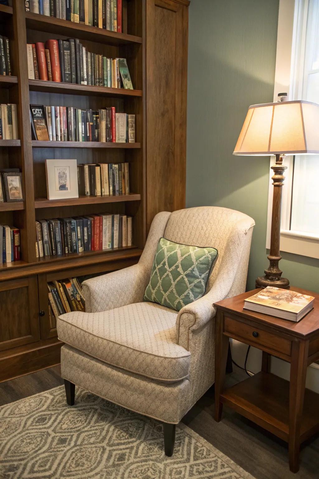 A compact corner reimagined as a cozy reading nook.