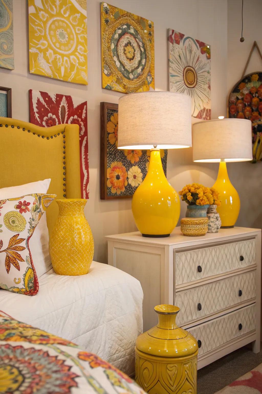 Gold highlight pieces like vases and lights add energy and vibrancy to the bedroom.