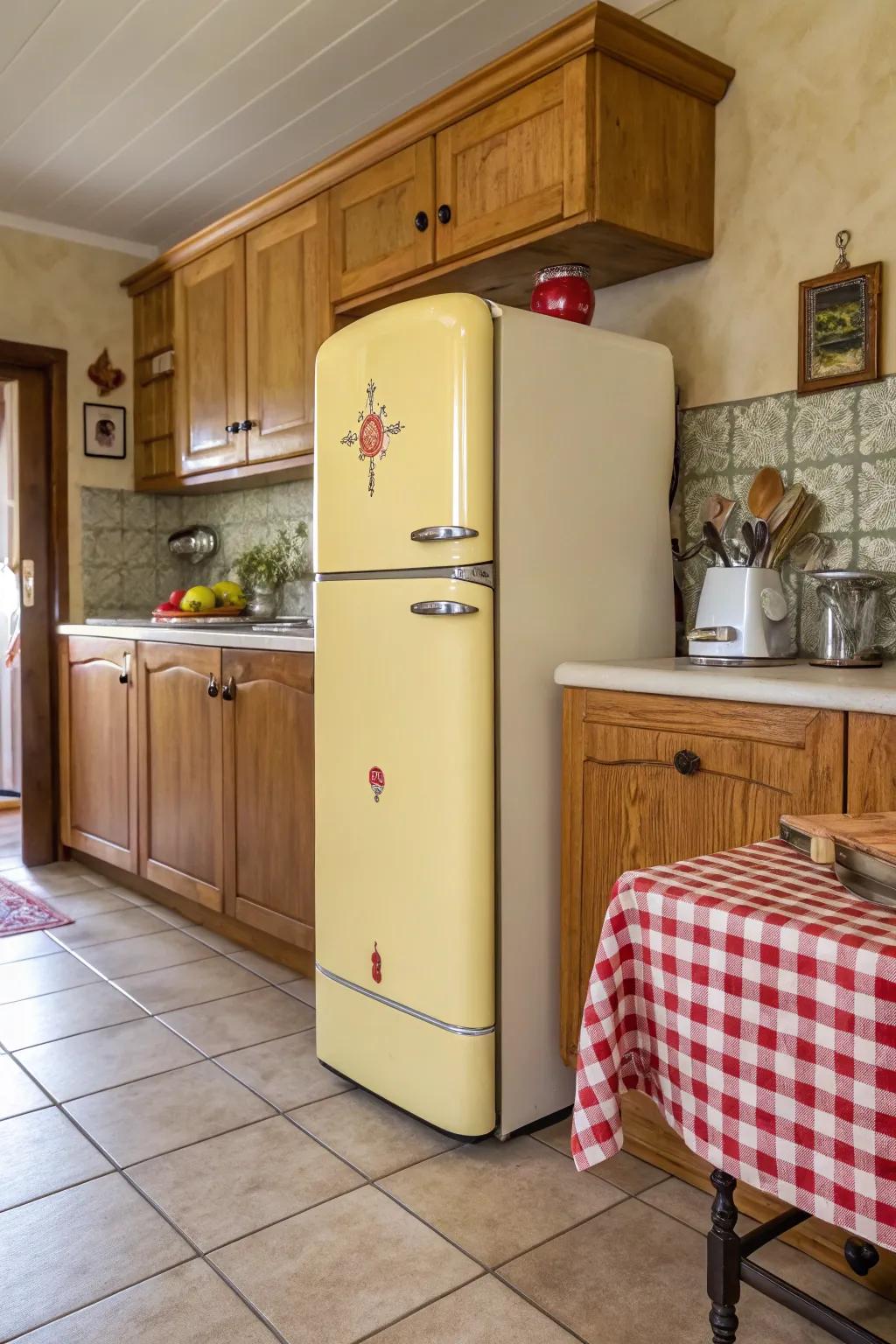 A kitchen showcasing a vintage-style refrigerator that exudes charm.