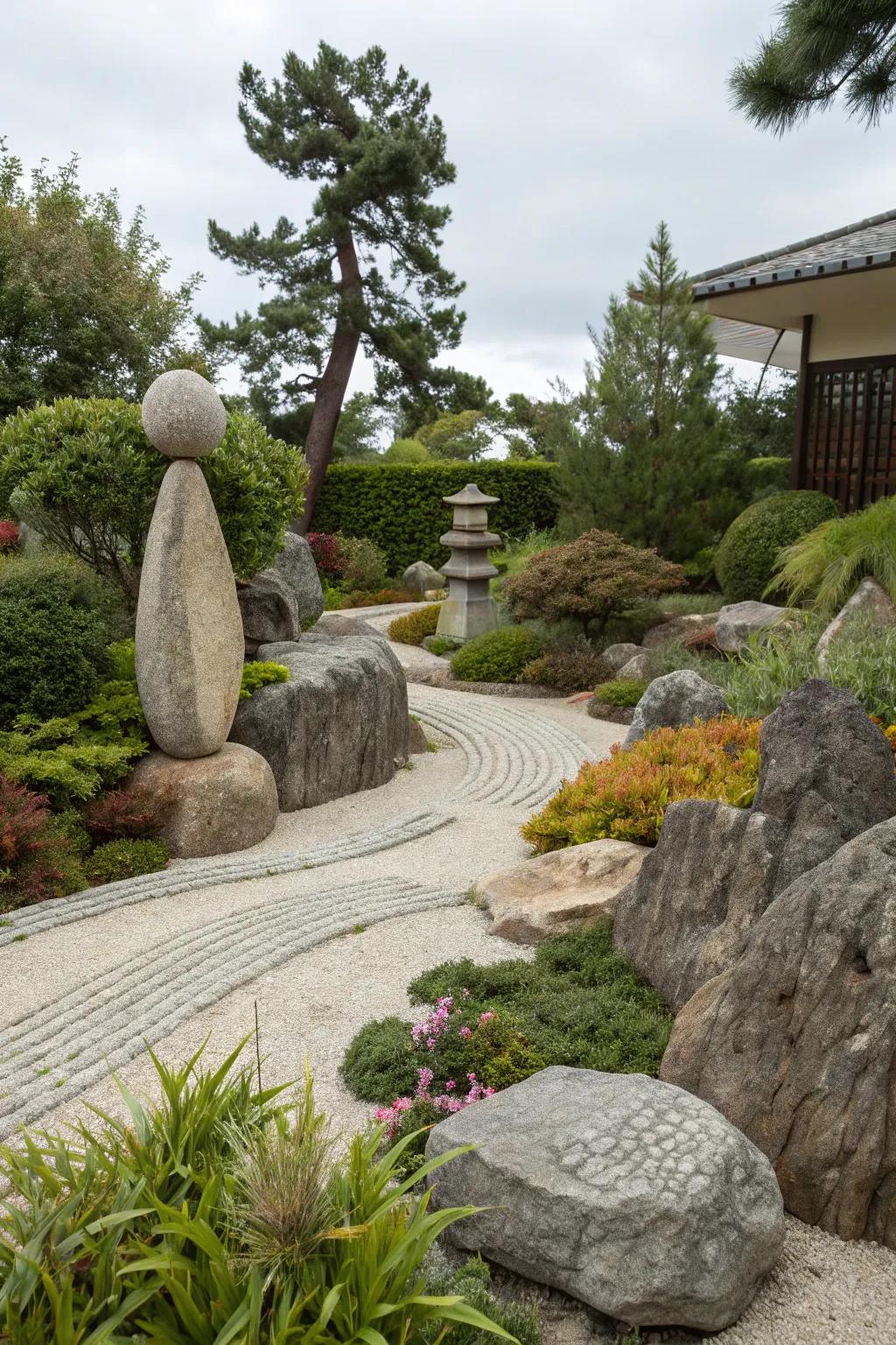 Artistic stone sculptures bring a creative touch to a rock garden.