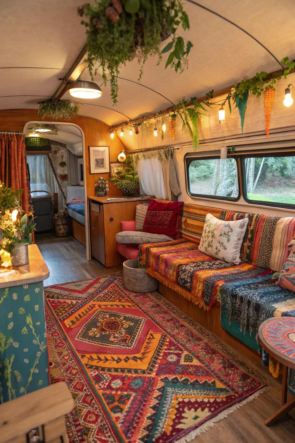 Bohemian chic style contributes a liberated touch to this RV.