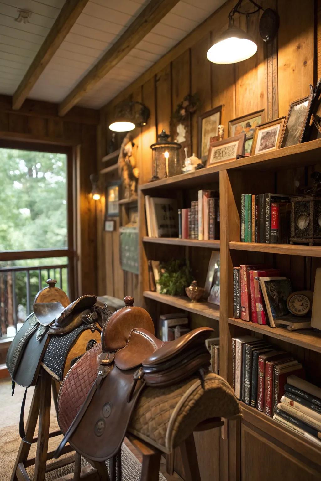 Saddles repurposed as shelves add a unique twist to this study.