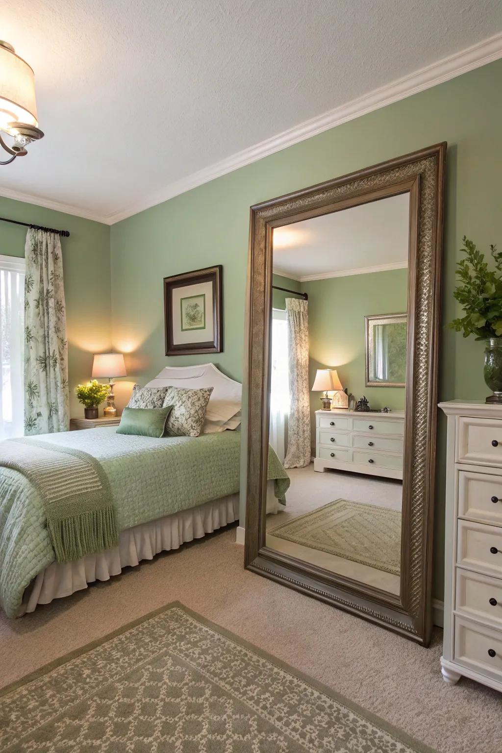 A large mirror enhances space and light, adding elegance to the bedroom.