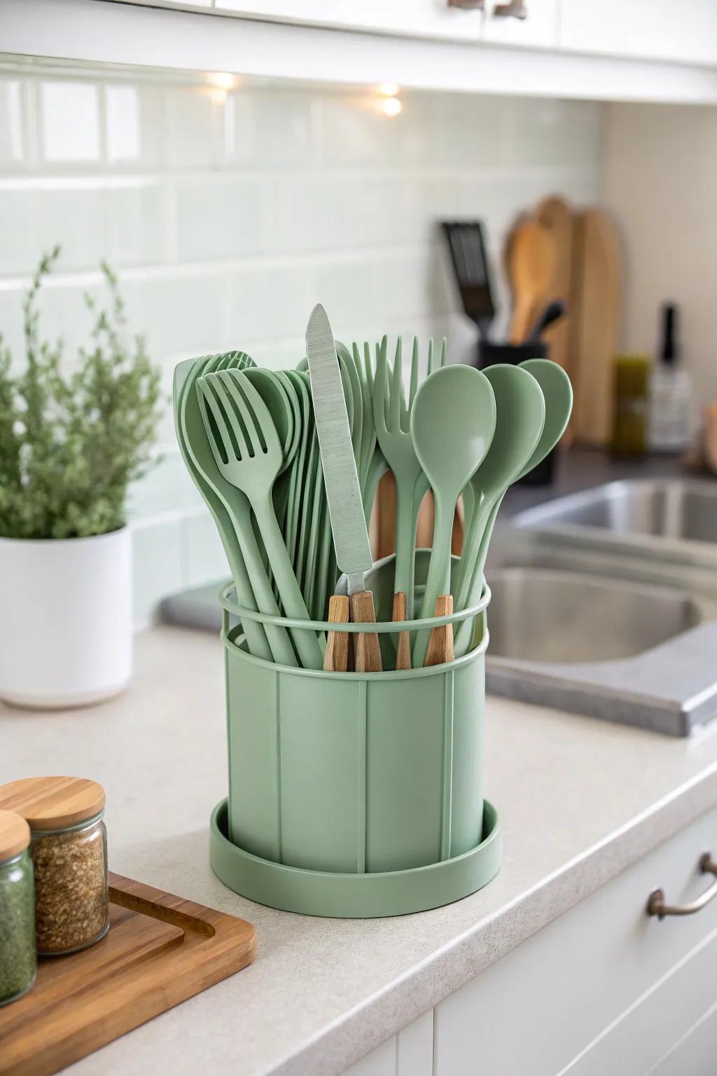 Sage green utensils blend functionality with kitchen chic.