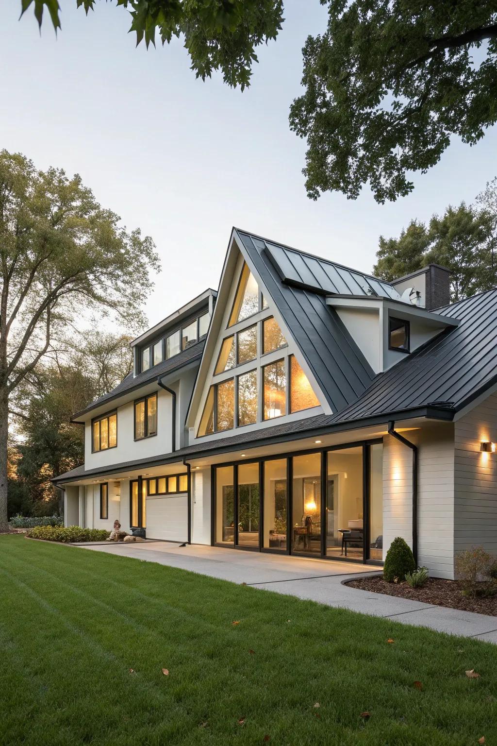 Contemporary home with a geometrically designed shed dormer.