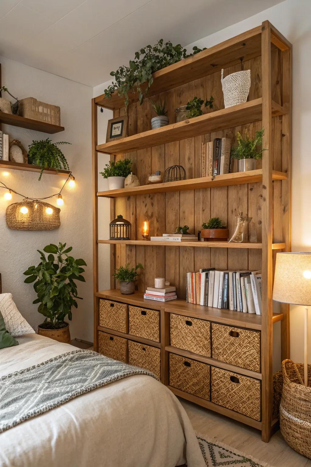 Natural wood shelves add warmth and texture.