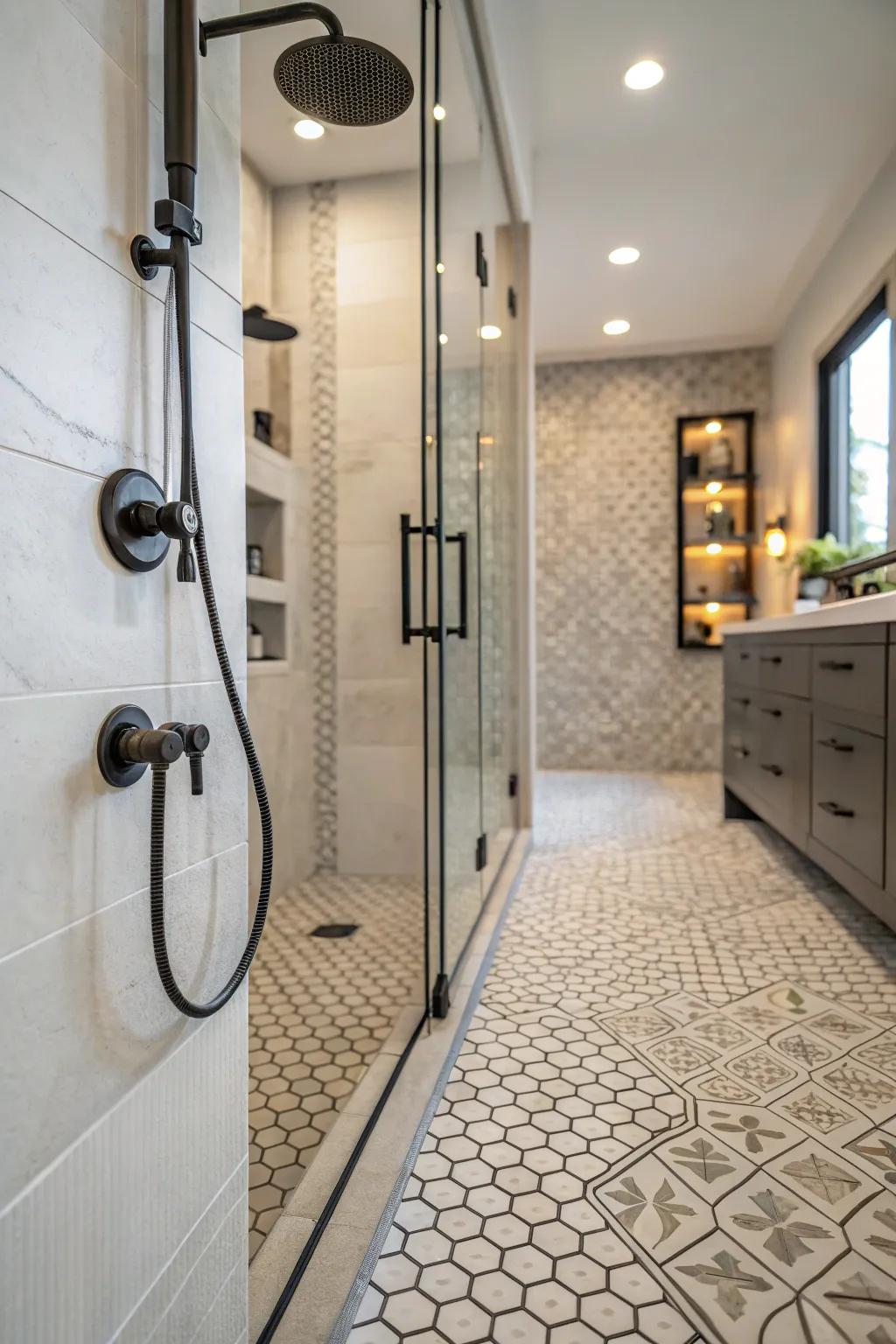 Textured tiles combine safety with style in shower design.