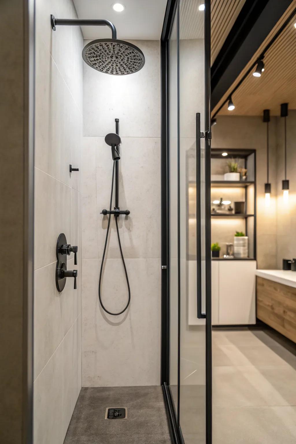 A modern shower stall with minimalist fixtures that emphasize elegance.