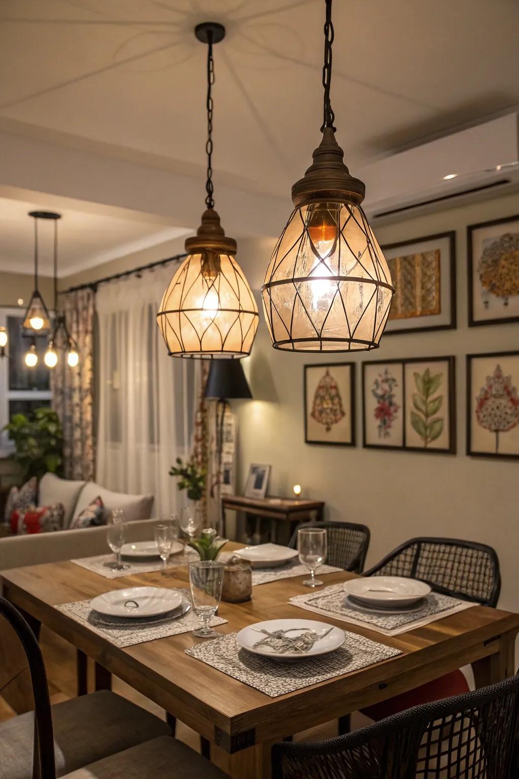 Drop illuminations fashion an intimate ambiance for dining experiences.