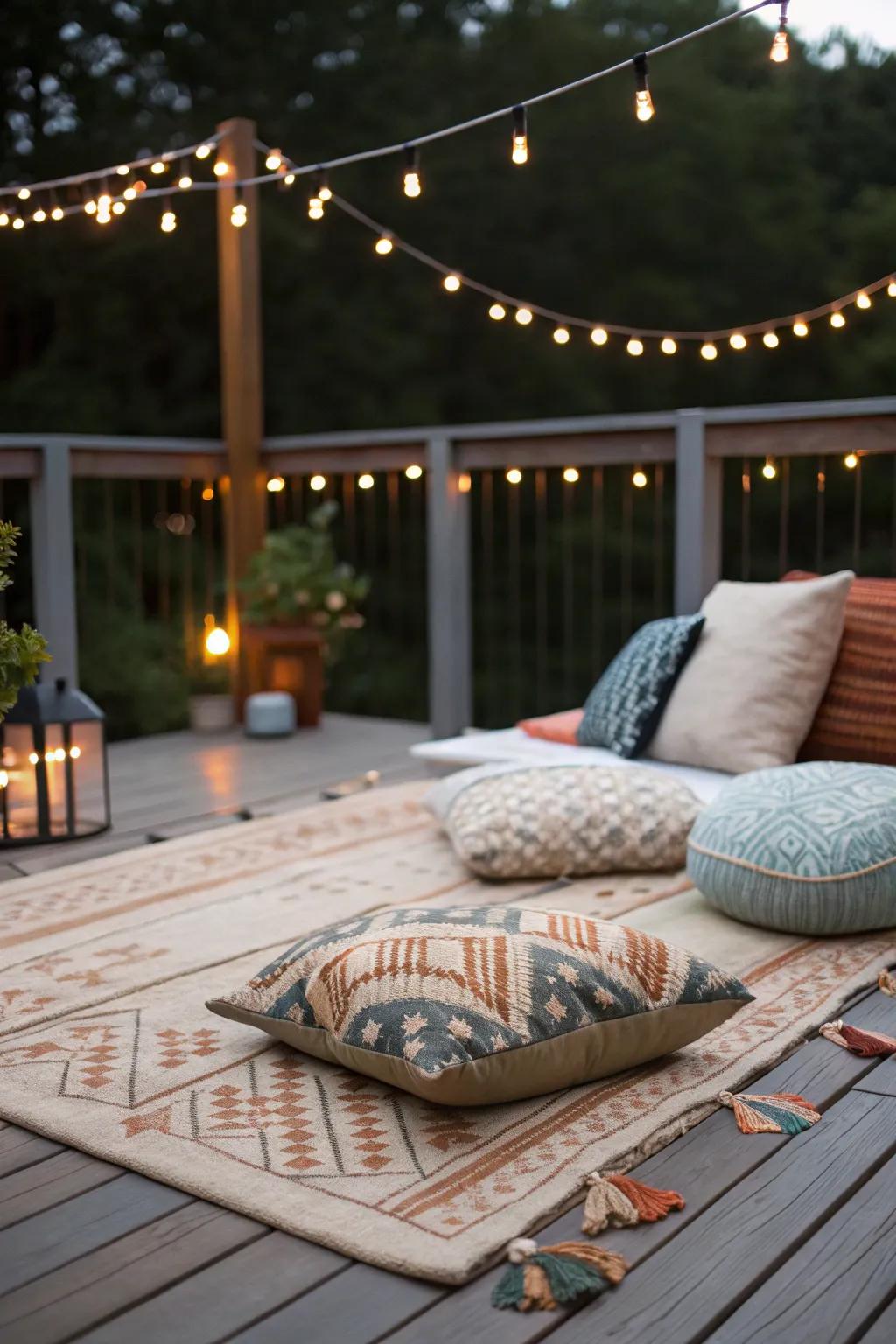 Create a cozy and inviting atmosphere on your deck with warm textiles and lighting.